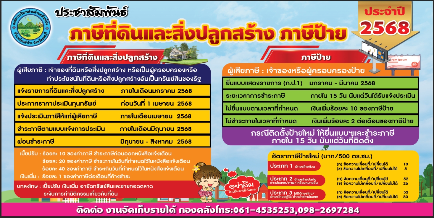 ประกาศจาองค์การบริหารส่วนตำบลห้วยโป่ง เรื่องการจัดเก็บภาษีป้าย